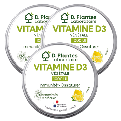 Pack 3 Vitamine D3 1000 UI végétale à croquer 30 comprimés